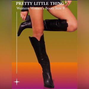 PrettyLittleThing Black PU Heart Detail Western Knee-High Boots | Size 9 US 💕🤠